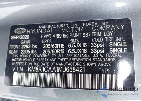 2021 Hyundai Kona Se z USA, uszkodzony, nr VIN KM8K1CAA1MU658421